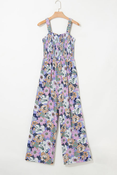 Retro Floral Print Smocked Bodice Wide Leg Jumpsuit